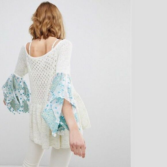 Free People Pointelle Breeze Top Lightweight Open Knit Fairycore Ivory Blue XS - Picture 2 of 13
